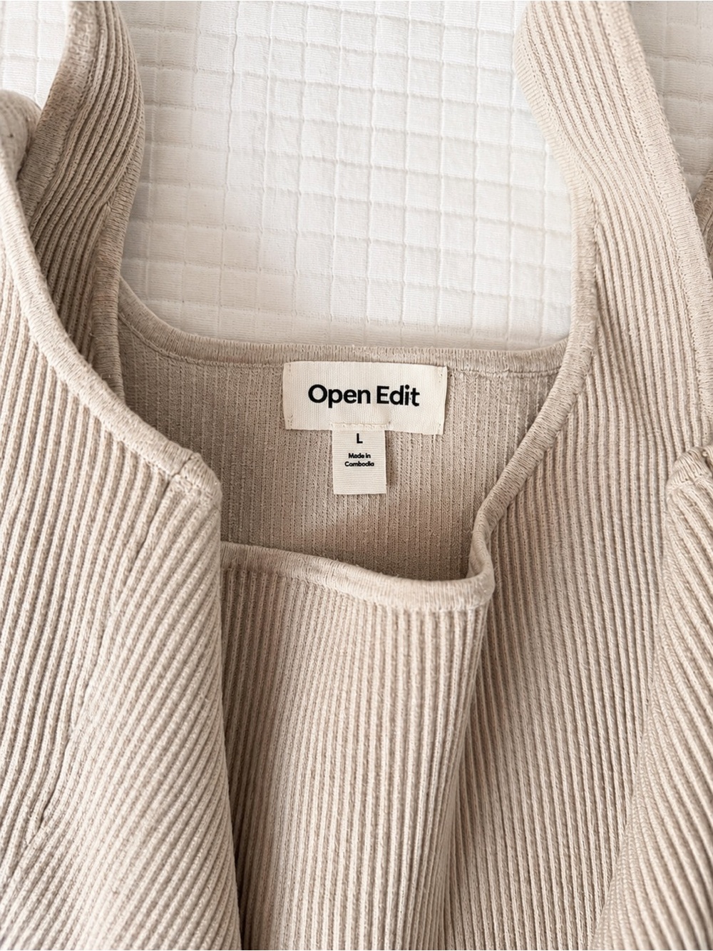 Open Edit Ribbed Cropped Tank Top – Beige/Bone – Size Large